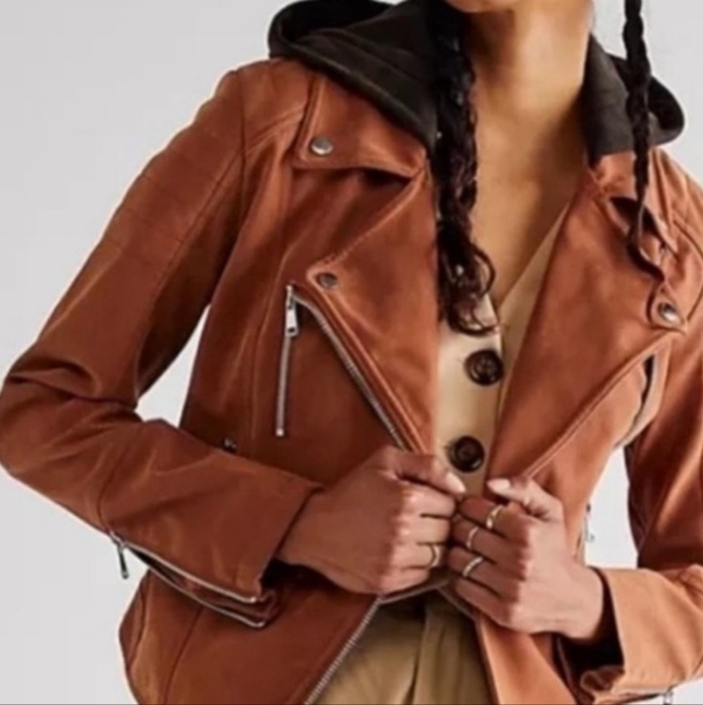 SALE We The Free Pink Vegan Leather Hooded Jacket Multiple Zippers Size S NWT